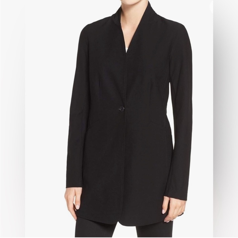 Eileen Fisher Washable Stretch Crepe Long Jacket Single Button in Black.